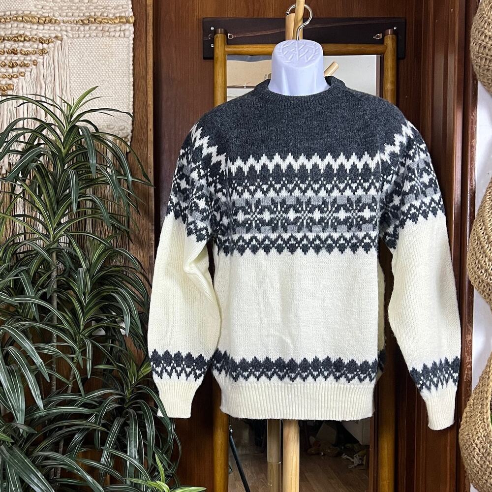 Vintage 80s BOG Sport Fair Isle Sweater Men XL Ivory Gray Nordic Ski Korea Wool